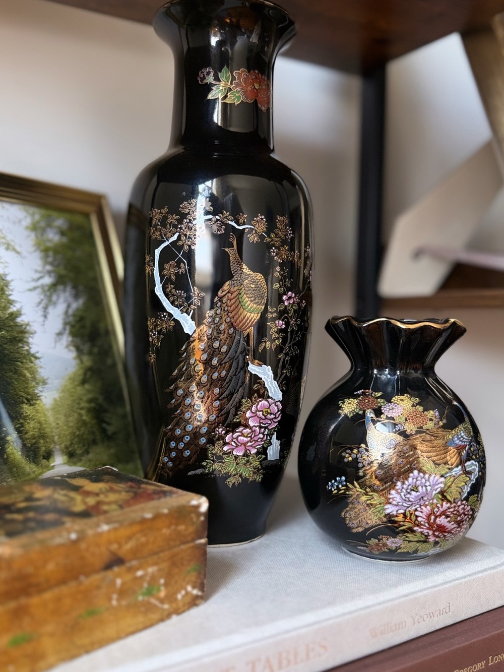 Black Peacock Motif Ceramic Vases- Decorative Home Accent Set of 2